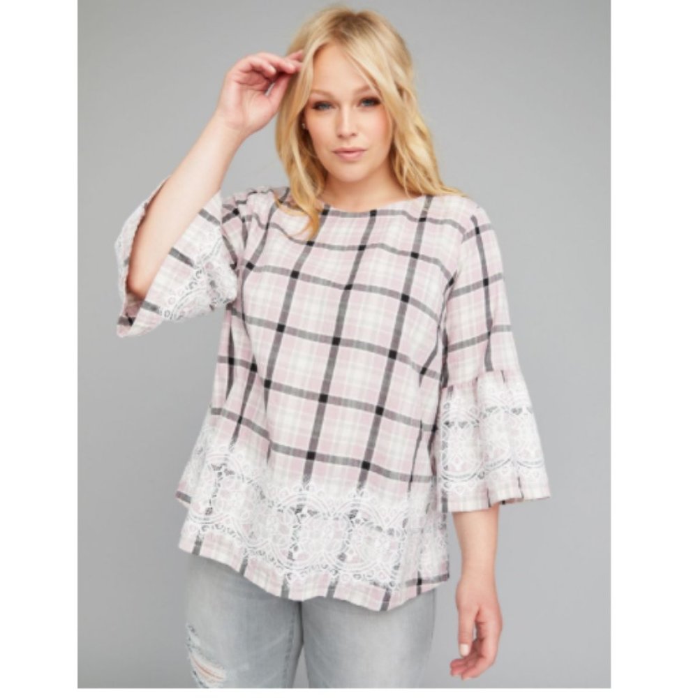Pink plaid bell sleeve with back tie and lace deta